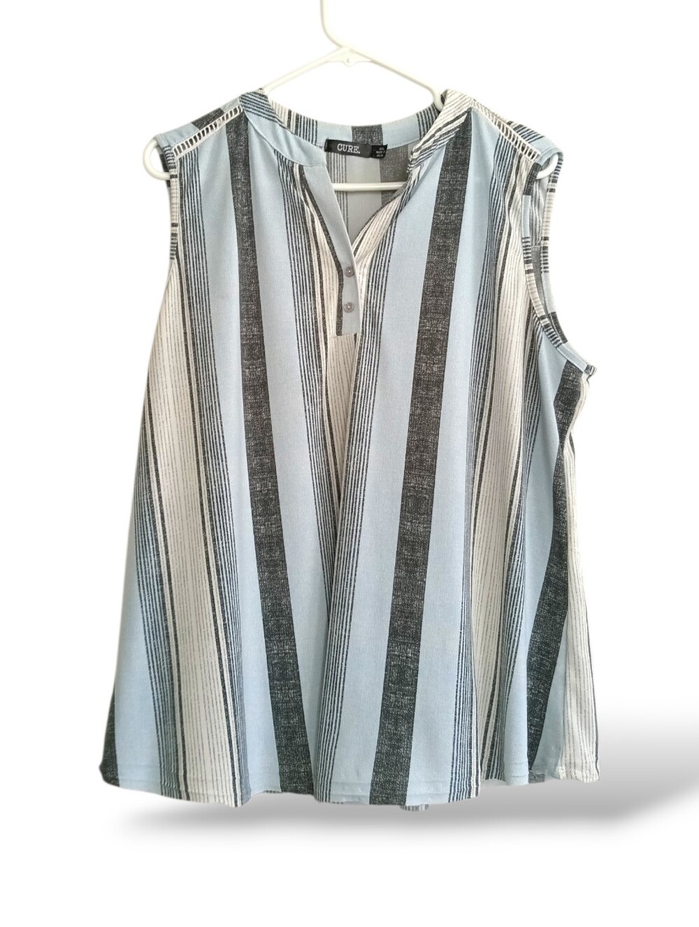 Cure. Striped Light Blue & Charcoal Tank Top Sleeveless Henley Flowy Vneck Boxy